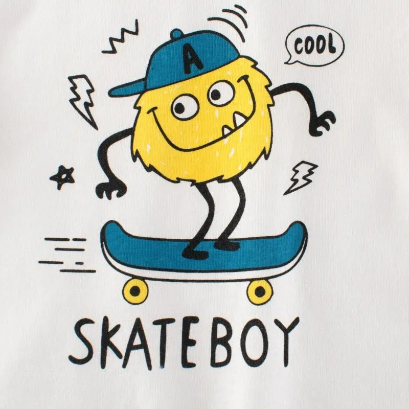 Toddler/Kid Boy's Skateboy Print Design White T-shirt