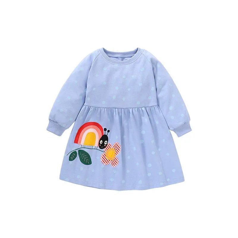 Toddler/Kid Girl Flower Embroidery Polka Dots Blue Sweater Dress