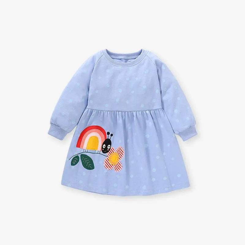 Toddler/Kid Girl Flower Embroidery Polka Dots Blue Sweater Dress