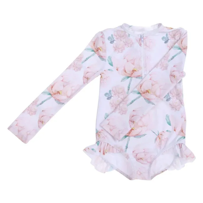 Toddler/Kid Girl Mix Prints Long Sleeve with Zipper One-Piece Swimsuit (4 Designs)