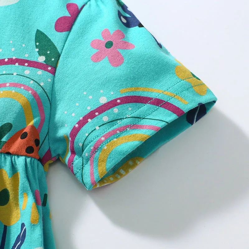 Toddler/Kid Girl's Short Sleeve Rainbow Print Dress with Mouse Design Leggings Set