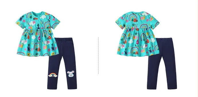 Toddler/Kid Girl's Short Sleeve Rainbow Print Dress with Mouse Design Leggings Set