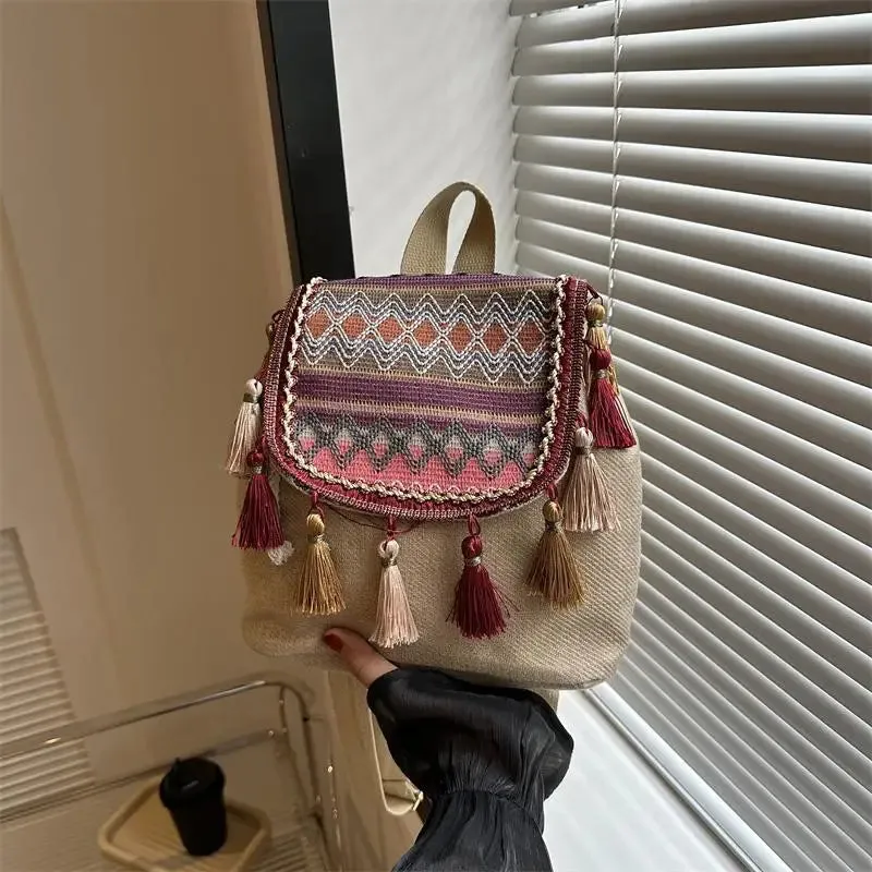 UAKISS  -  Aesthetic Design Womens Backpack Fashion Tassels Small Canvas Bag 2024 Fashion Trend Light Weight Versatile Backpack
