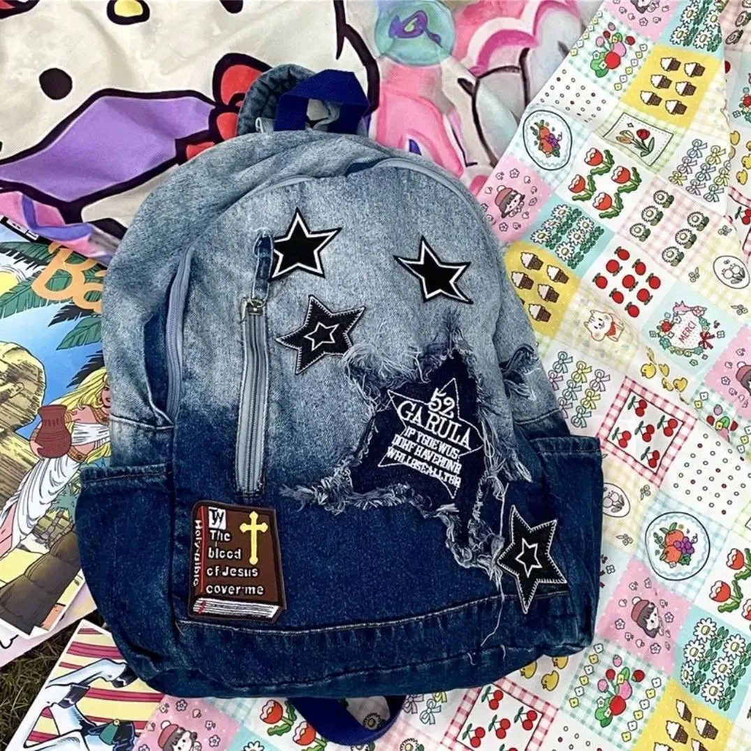 UAKISS  -  Fashion All Match School Backpack for College Students Korean Y2k Versatile Denim Backpack Large Capacity Spicy Girl Backpack