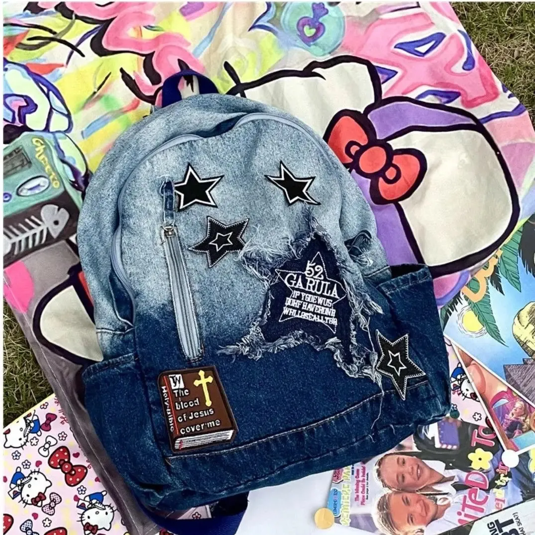 UAKISS  -  Fashion All Match School Backpack for College Students Korean Y2k Versatile Denim Backpack Large Capacity Spicy Girl Backpack
