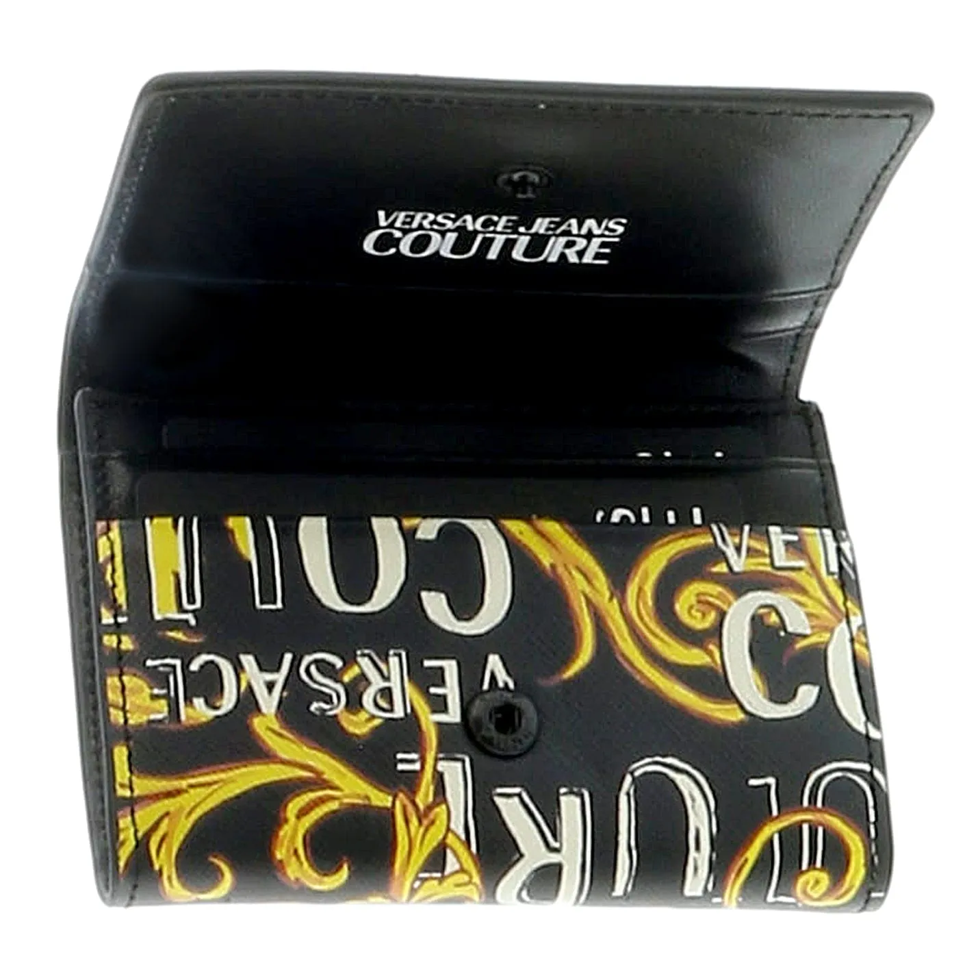 Versace Jeans Couture Black Gold Baroque Print Compact Snap On ID Hoder Wallet