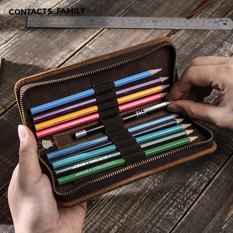 Vintage Leather Pencil Case Square Zipper Vgenuine Leather Pencil Box