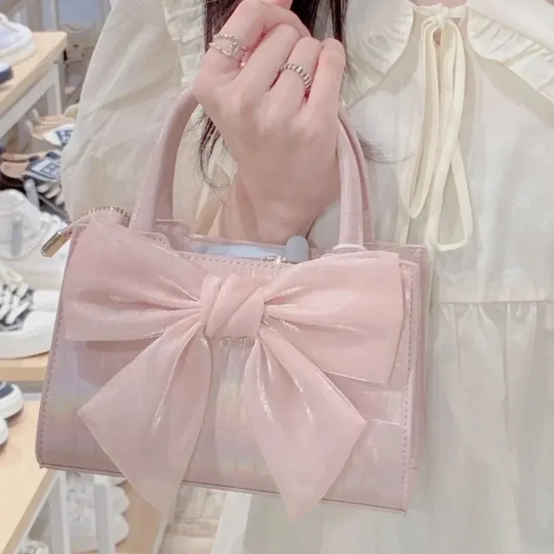 Women's Cute Large Bow Decor Top Handle Small Square Handbag