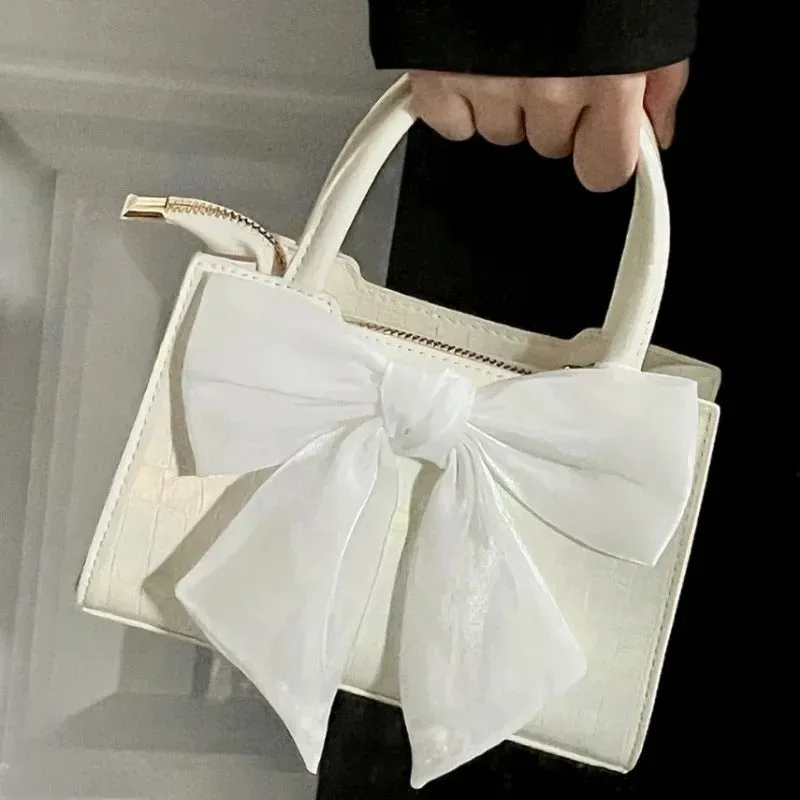 Women's Cute Large Bow Decor Top Handle Small Square Handbag