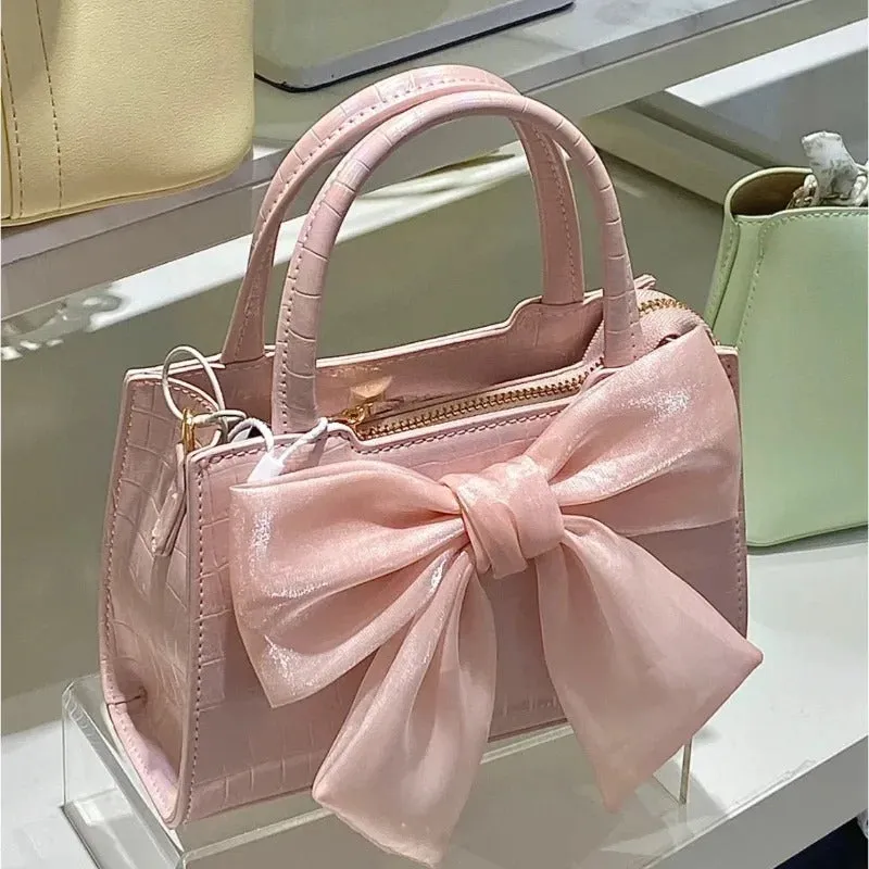 Women's Cute Large Bow Decor Top Handle Small Square Handbag